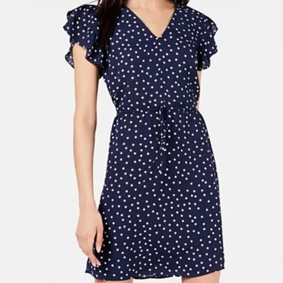 Maison Jules Womens Polka Dot V-Neck Casual Drawstring Dress Navy Size XS - Picture 1 of 7
